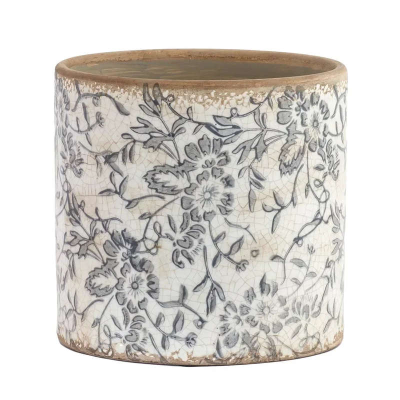 Ceramic Planter - Blue Grey Flowers 17cm