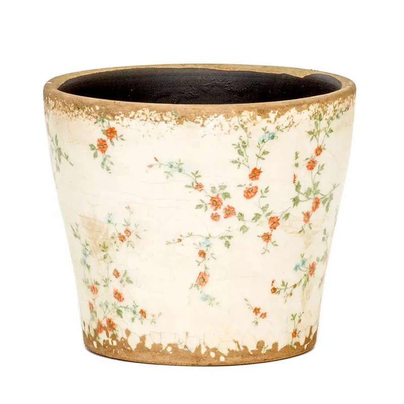 Ceramic Planter - Fine Red Flowers 10.5cm