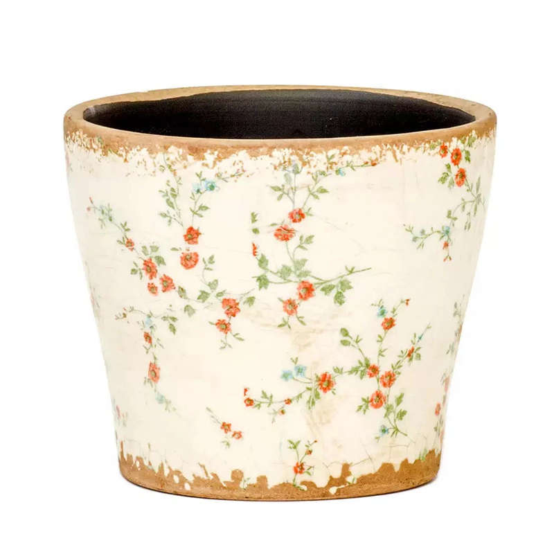 Ceramic Planter - Fine Red Flowers 10.5cm