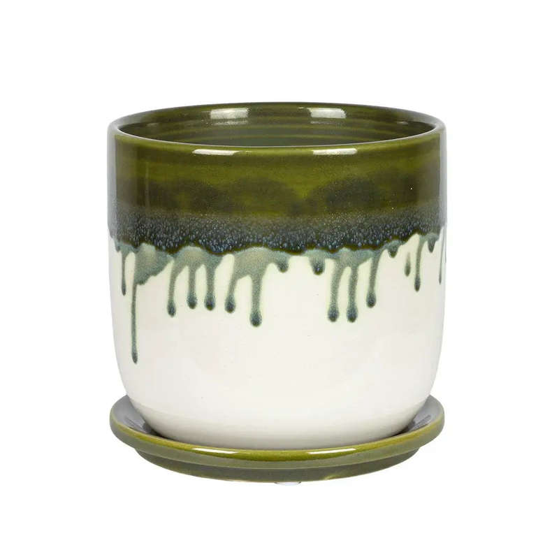 Ceramic Planter - Green Drip with Base