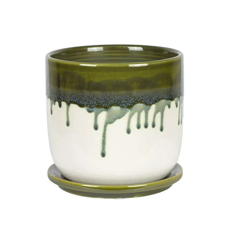 Ceramic Planter - Green Drip with Base
