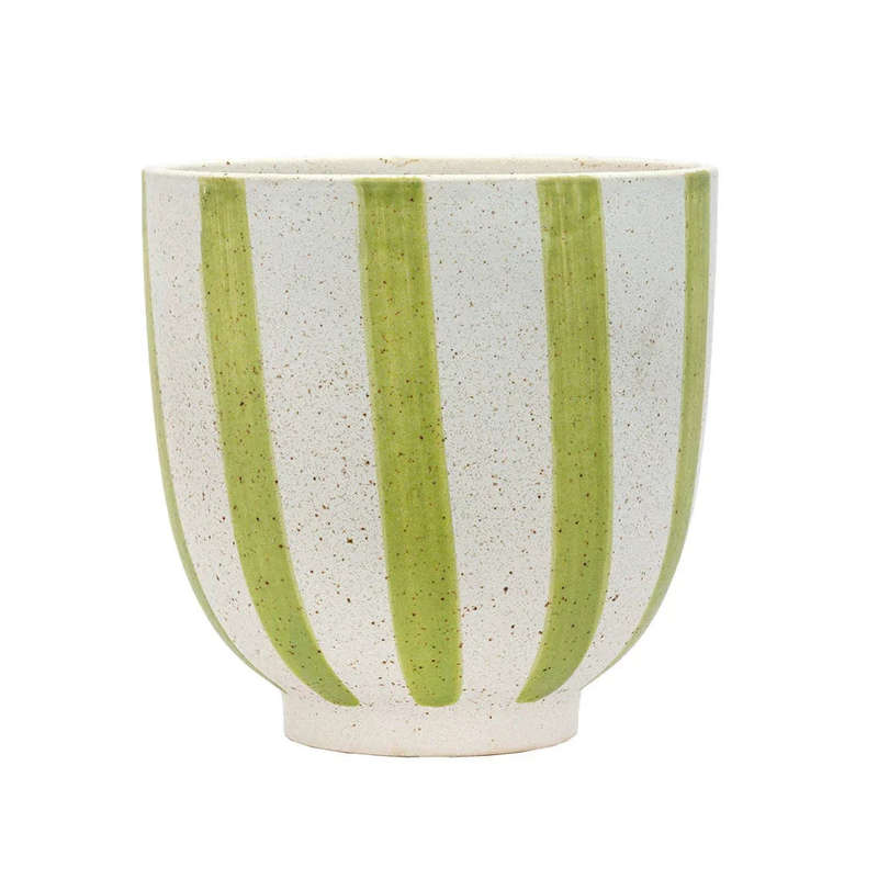 Ceramic Planter - Natural Light Green  Stripes 16.5cm