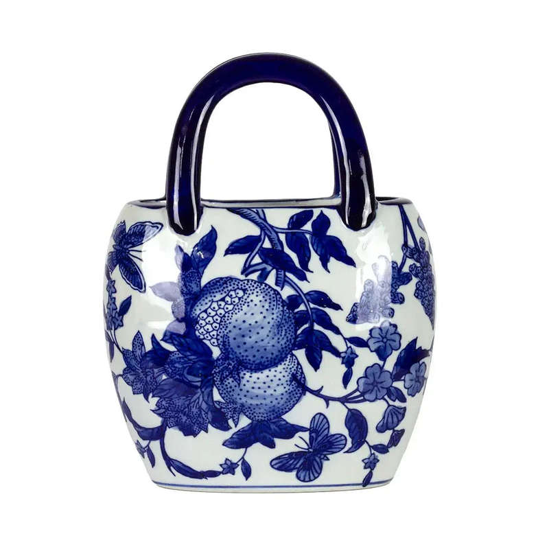 Ceramic Vase - Handbag Blue & White Pomegranates