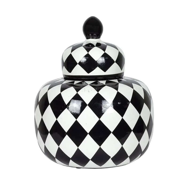 Ginger Jar - Black & White Checkered Fatty 25cm