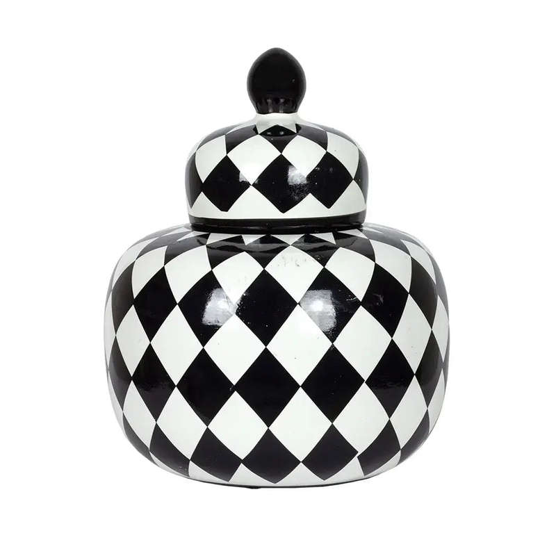 Ginger Jar - Black & White Checkered Fatty 25cm