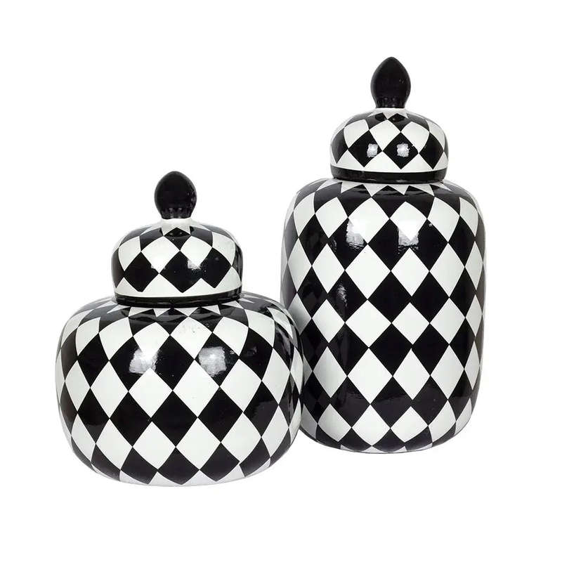 Ginger Jar - Black & White Checkered 33cm