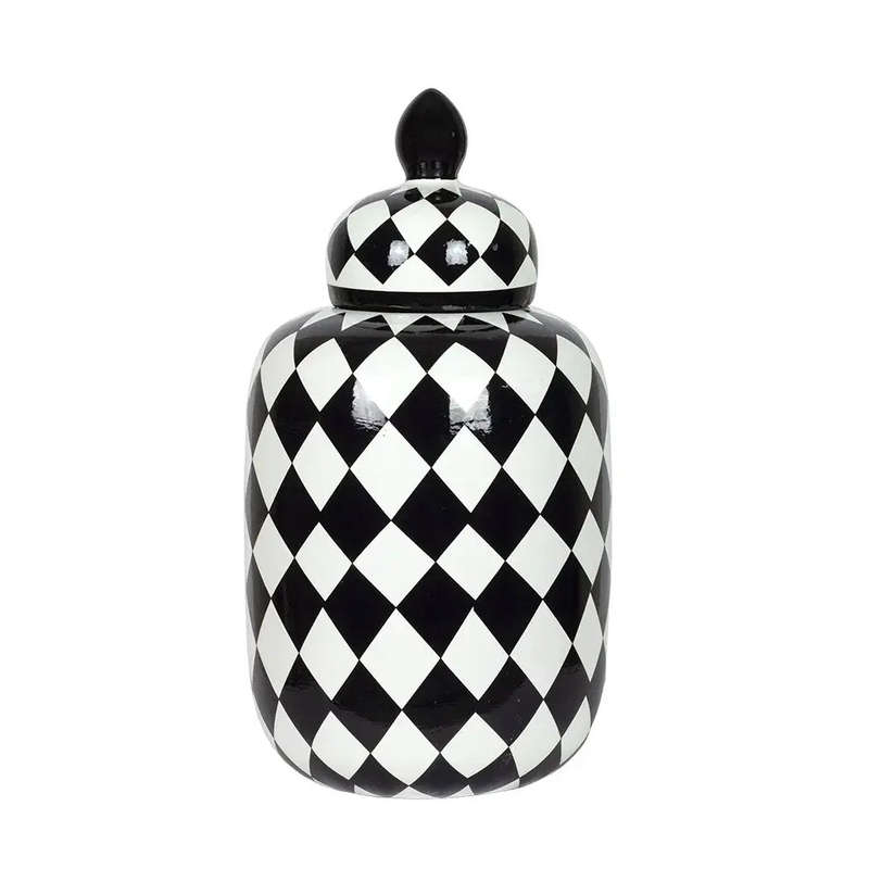 Ginger Jar - Black & White Checkered 33cm
