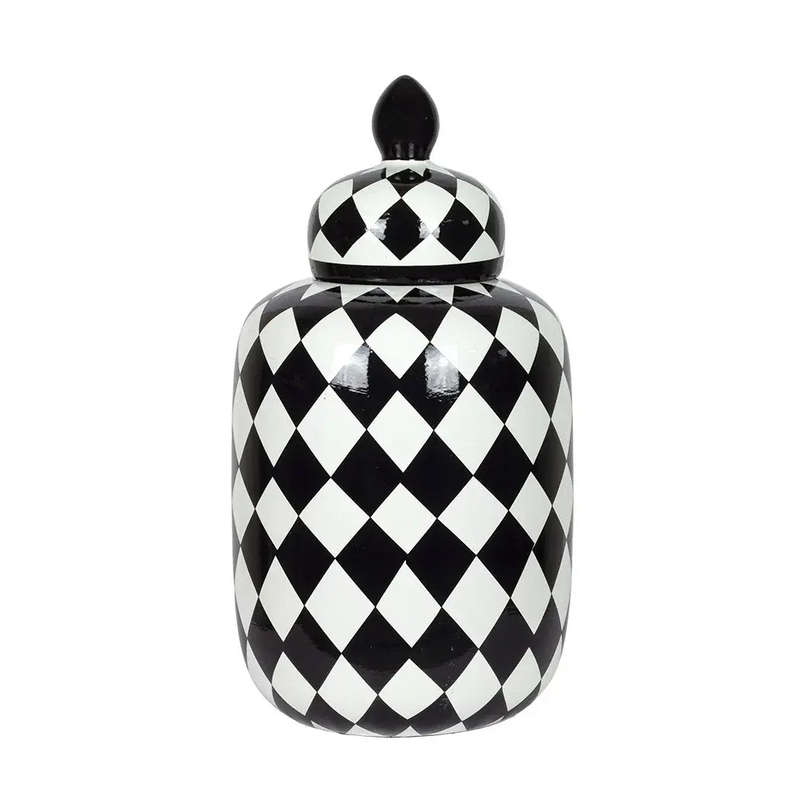 Ginger Jar - Black & White Checkered 33cm
