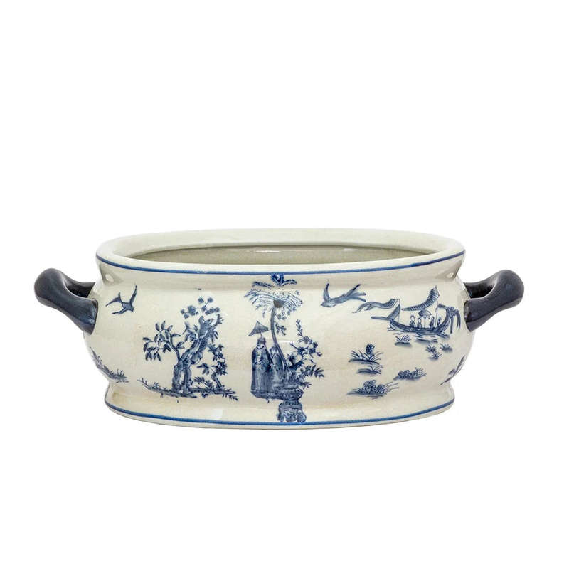 Ceramic Footbath/Planter - Blue & White Handled Oriental