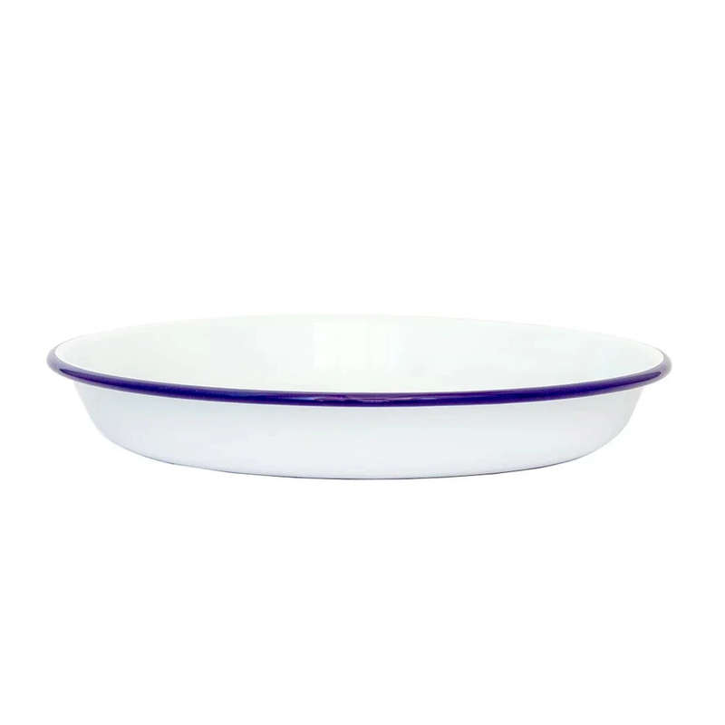 Deep Dish - Enamel White with Blue Rim 25cm