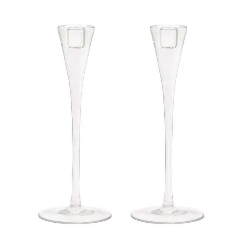 Glass Candlestick - Clear Elegant 28cm Set of 2