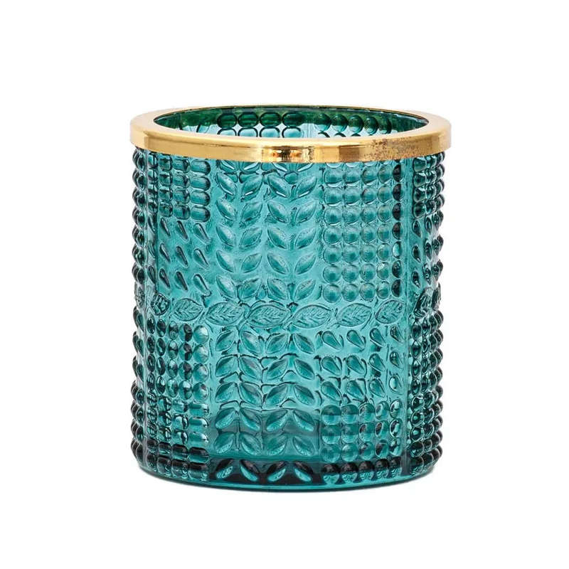 Glass Votive - Leafy Blue with Gold Rim