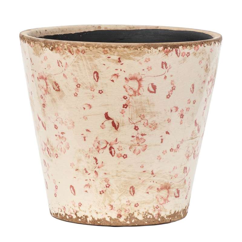 Ceramic Planter - Weathered Red Flowers 16.5cm