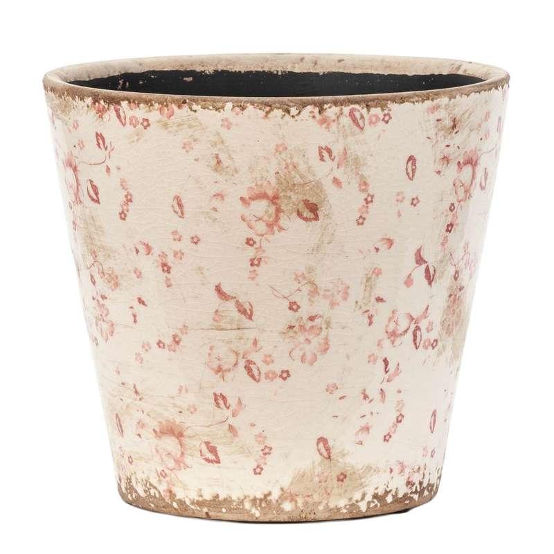 Ceramic Planter - Weathered Red Flowers 16.5cm