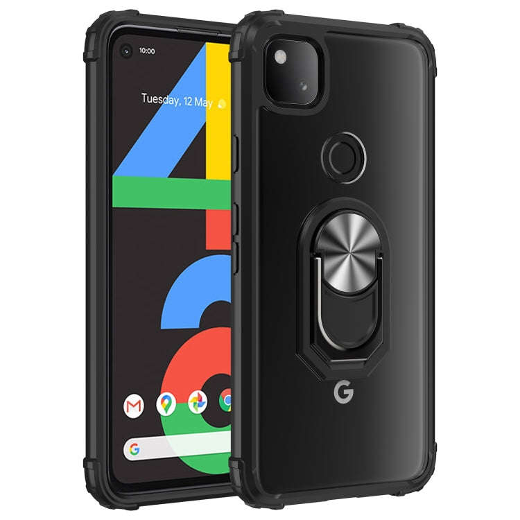 For Google Pixel 4a Shockproof Transparent TPU + Acrylic Protective Case with Ring Holder(Black a...