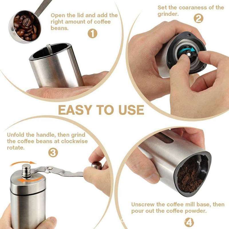 Manual stainless steel Coffee Grinder With An Adjustable Grind and foldable handle