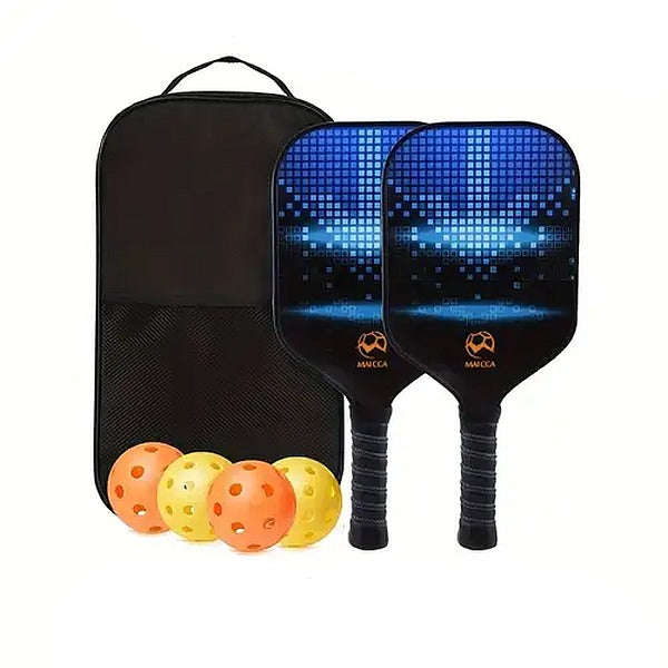 Pickleball Set Of 2 x Fiberglass Paddles, 4 Pickleball Balls & Carry Bag