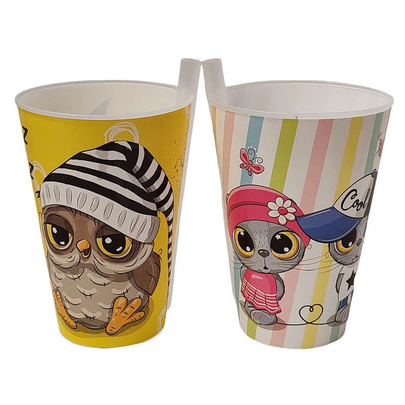 Plastic Sip Cups Set With Connected Straws For Toddlers - Assorted Designs
