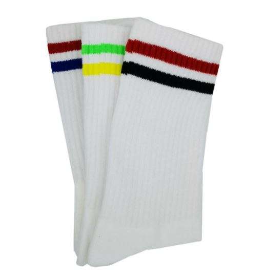 Sports Socks - 3 Pack - White with Colour Stripes - Assorted
