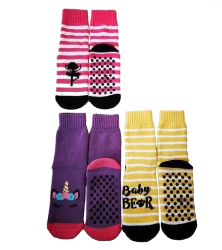 Kids Slipper Socks with Non-Slip Grip Pads - Assorted Pack of 3