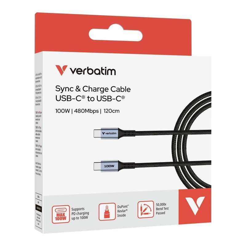 Verbatim 1.2m USB-C to USB-C 100W Sync and Charge Cable Black 31846