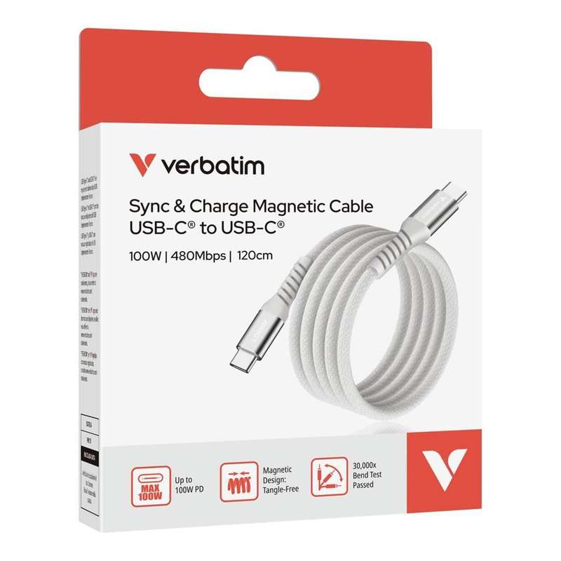 Verbatim 1.2m USB-C to USB-C 100W Sync and Charge Magnetic Cable Grey 31854