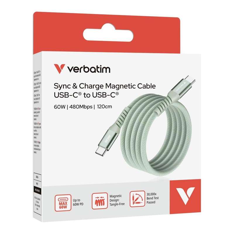 Verbatim 1.2m USB-C to USB-C 60W Sync and Charge Magnetic Cable Green 31864