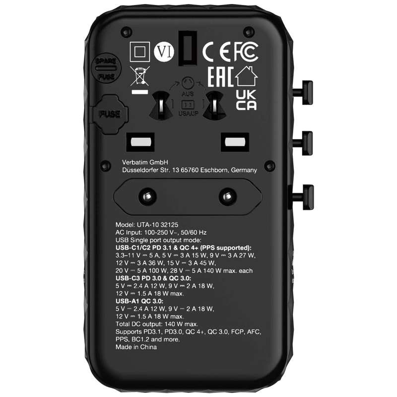 Verbatim UTA-10 140W GaN III Universal Travel Adapter 32125