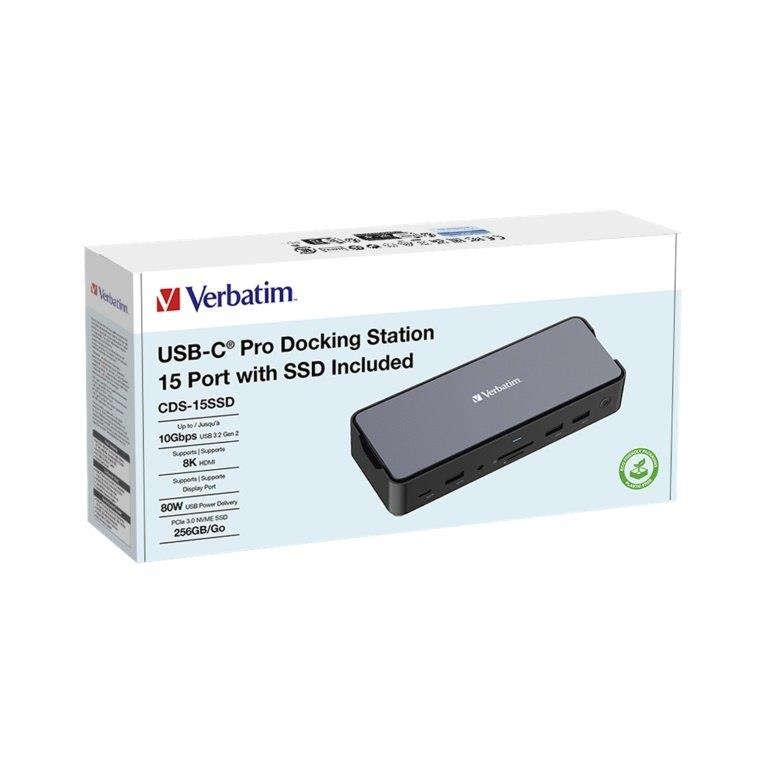 Verbatim CDS-15S256 USB-C Pro 15-in-1 Docking Station with Vi3000 256GB Internal SSD 32174
