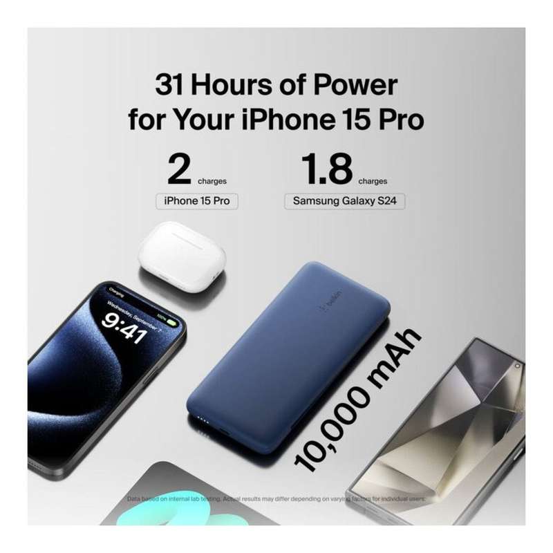 Belkin BoostCharge Plus 10000mAh USB-C Power Bank with Integrated Cables Powerbank - Blue BPB006B...
