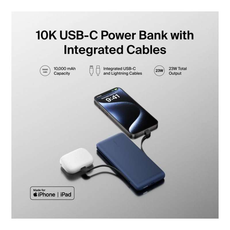 Belkin BoostCharge Plus 10000mAh USB-C Power Bank with Integrated Cables Powerbank - Blue BPB006B...