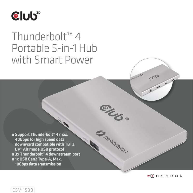 Club 3D Thunderbolt 4 5-in-1 Portable Hub with Smart Power CSV-1580