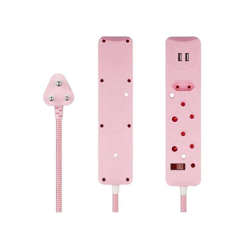 Switched 50cm 3-way Surge Protected Multiplug with Dual 2.4A USB Ports Braided Cord - Pink MS-850...