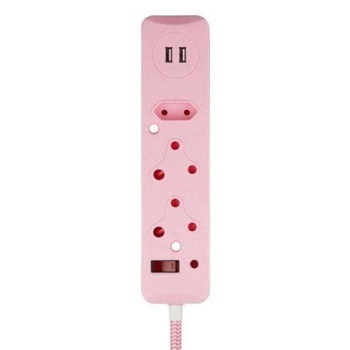Switched 3M 3-way Surge Protected Multiplug with Dual 2.4A USB Ports Braided Cord - Pink MS-8501-...