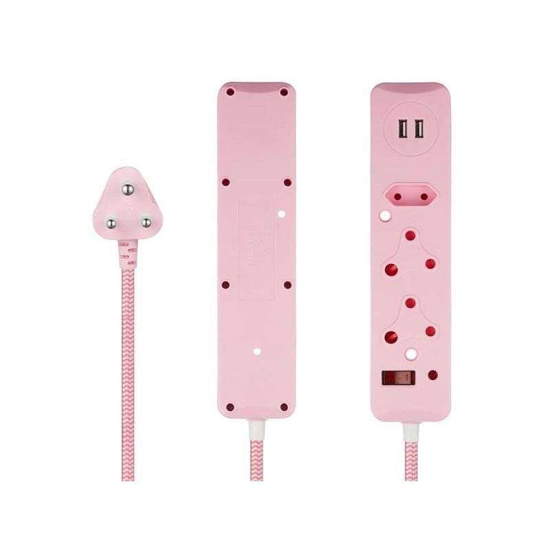 Switched 3M 3-way Surge Protected Multiplug with Dual 2.4A USB Ports Braided Cord - Pink MS-8501-...