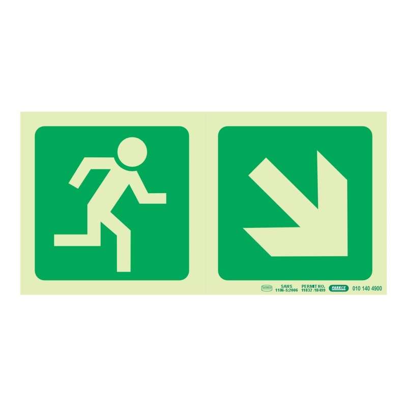 Parrot Photoluminescent 190mm Safety Sign E13 Running Man and Diagonal Arrow Down And Right SNP19E13