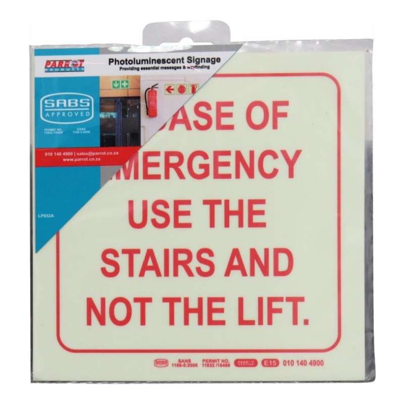 Parrot Photoluminescent 190mm Safety Sign E15 In Case Of Emergency Use The Stairs And Not The Lif...