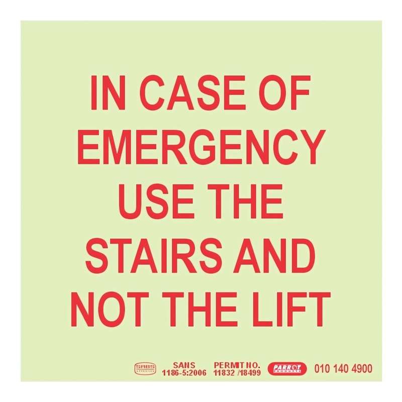 Parrot Photoluminescent 190mm Safety Sign E15 In Case Of Emergency Use The Stairs And Not The Lif...