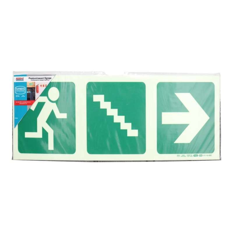 Parrot Photoluminescent 190mm Safety Sign E16 Running Man and Stairs Going Down and Arrow Right S...