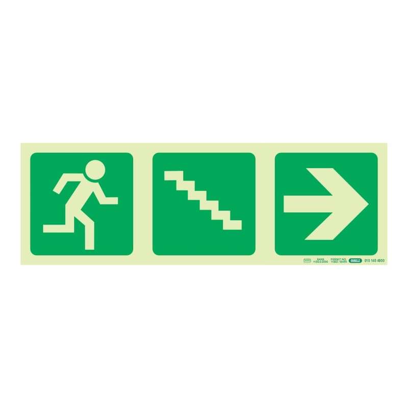 Parrot Photoluminescent 190mm Safety Sign E16 Running Man and Stairs Going Down and Arrow Right S...