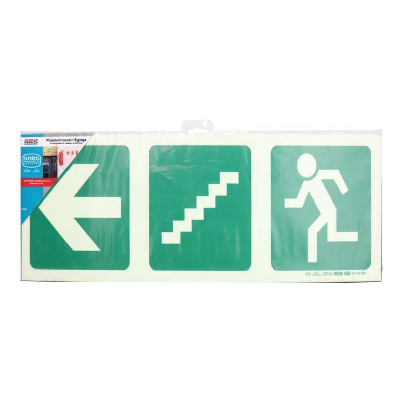 Parrot Photoluminescent 190mm Safety Sign E17 Arrow Left and Stairs Going Down and Running Man SN...