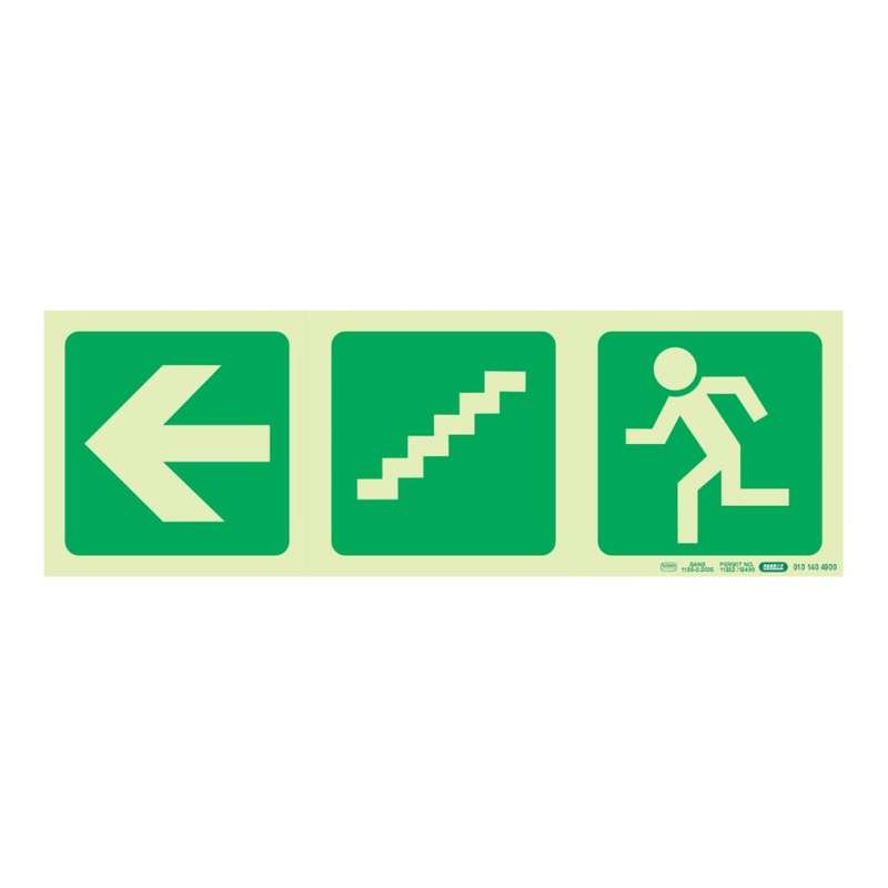 Parrot Photoluminescent 190mm Safety Sign E17 Arrow Left and Stairs Going Down and Running Man SN...