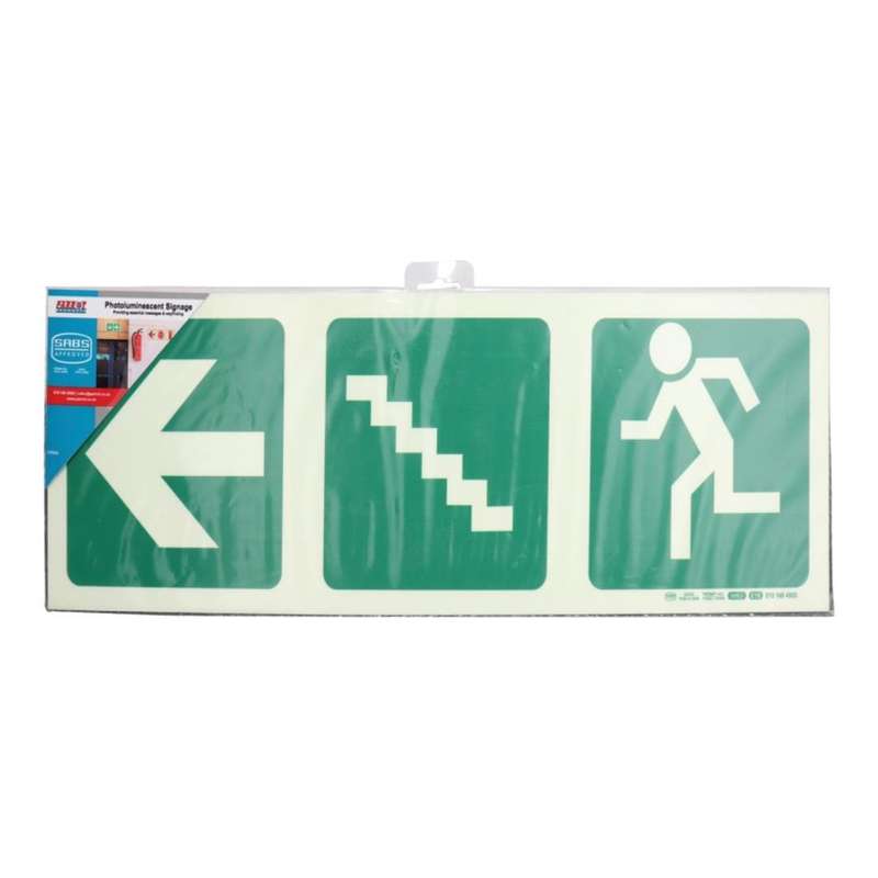 Parrot Photoluminescent 190mm Safety Sign E19 Arrow Left and Stairs Going Up and Running Man SNP1...