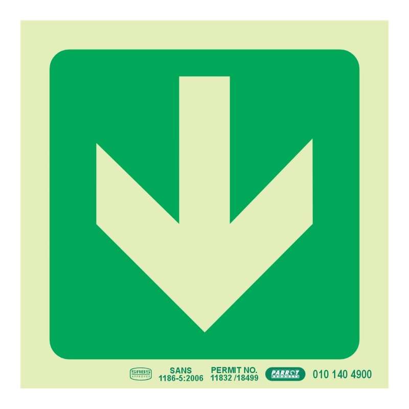 Parrot Photoluminescent 190mm Safety Sign E23 Arrow Down SNP19E23