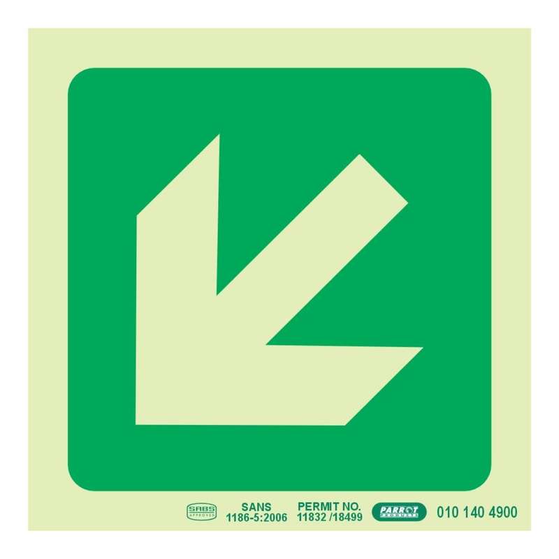 Parrot Photoluminescent 190mm Safety Sign E30 Diagonal Arrow Down And Left SNP19E30
