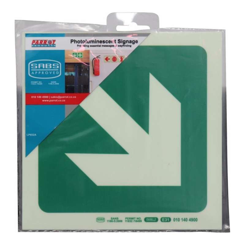 Parrot Photoluminescent 190mm Safety Sign E31 Diagonal Arrow Down And Right SNP19E31