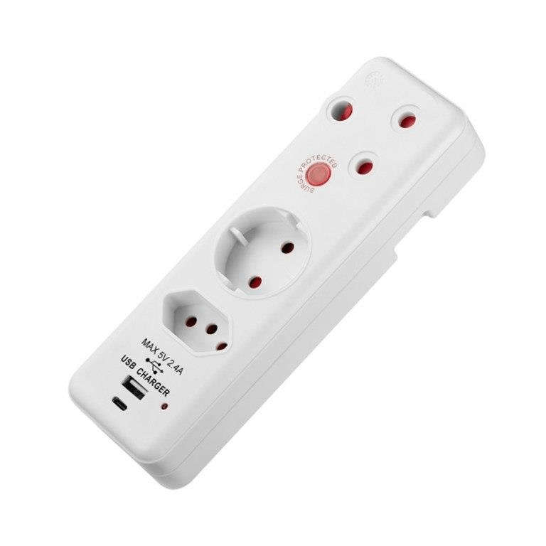 Switched 3-way Medium Surge Protection Schuko Adapter with 1x Type-C and 1x USB-A Charger SWD-720...
