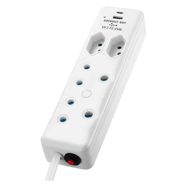 Switched 4-way Multiplug with 2m Cord and 1x Type-C and 1x USB-A Charger SWD-72016-2-WT