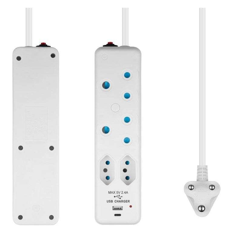 Switched 4-way Multiplug with 4m Cord and 1x Type-C and 1x USB-A Charger SWD-72016-4-WT