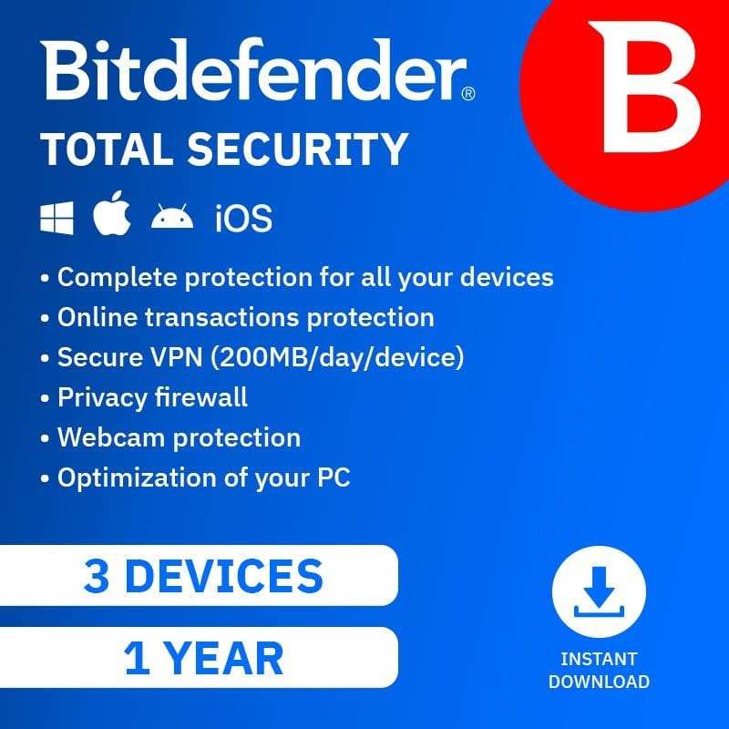 Bitdefender Total Security 3 Device 1-Year Subscription Download - Promotional Discounted License